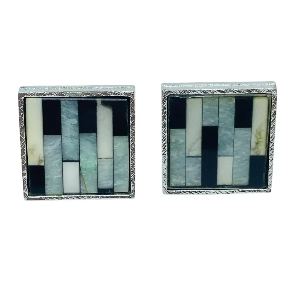 Vintage silver tone glass mosaic modernist massive designer cufflinks